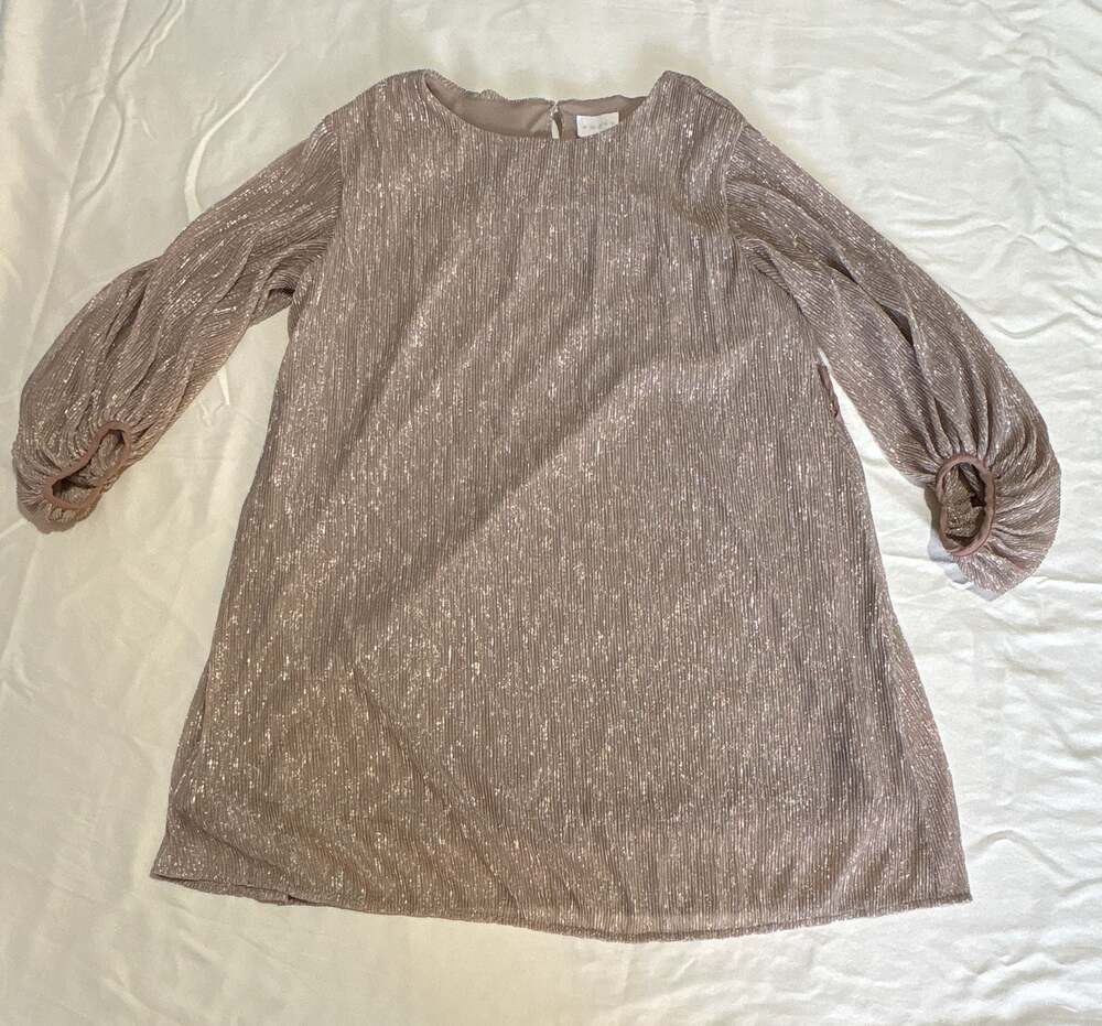 Entro Shimmery Metallic Pleated Long Puff Sleeve Keyhole Mini Dress